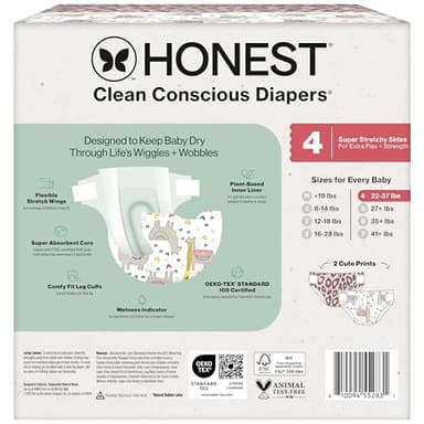 The Honest Company Clean Conscious Diapers for Delicate Skin | Up to 100% Leakproof | Hypoallergenic, Fragrance Free | Girl Prints | Club Box, Size 4 (22-37 lbs), 54 Count (Prints May Vary) - Image 9