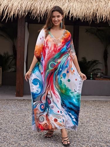 IMAGEKOPE Women's Plus Size Loose Fit Moroccan Print V-Neck Batwing Kaftan Beach Dress Bathing Suit Cover Up - Image 6