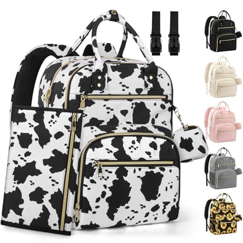 Pritent Diaper Bag Backpack,Baby Essentials Diapers Bag with Pacifier Case,Multipurpose Stylish Large Capacity Travel Backpack for Baby Girl/Boy(L-Cow Print) - Image 1