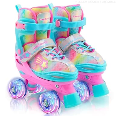 Xino Sports Adjustable Roller Skates for Girls - Fun Illuminating LED Light-Up Wheels, Comfortable Design for Indoor & Outdoor Use (Rainbow, Small - J10-J13) - Image 1