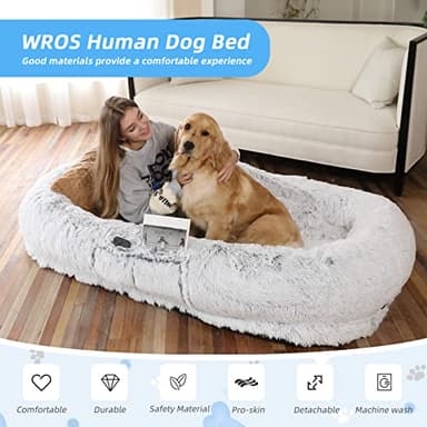 WROS Human Dog Bed - 71"x45"x12" Fits You & Pets, Washable Faux Fur, Orthopedic, Plump Pillow, Blanket, Strap - Grey - Image 2