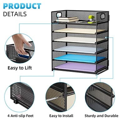 Marbrasse 6 Tier Paper Organizer Letter Tray - Mesh Desk File Organizer with Handle, Paper Sorter Organizer for Letter/A4 Office File Folder Holder - Black - Image 3