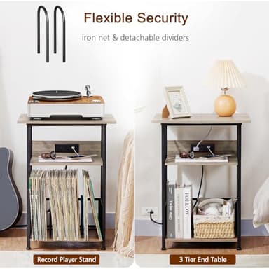 AMHANCIBLE Record Player Stand with Charging Station, Large Turntable with Storage Cabinet holds up to 100 Albums, 3 Tier End Table for Vinyl, Living Room, Grey, HETCD012GY-1 - Image 6