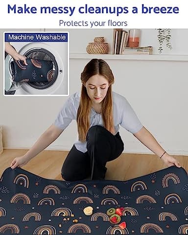 Blissful Diary Baby Splat Mat for Under High Chair, 50.4 x 50.4 Inch Wipeable Splash Mat, Waterproof and Washable, Anti-Slip Floor Protector, Retro Rainbow - Image 5