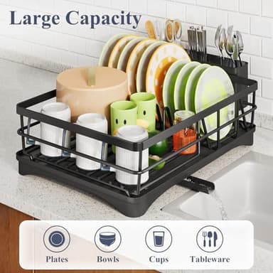 Dish Drying Rack - Stainless Steel Dish Rack for Kitchen Counter, Large-Capacity Dish Drainer with Cutlery Holder, Kitchen Organizer for Dishes, Spoons and Forks, Black - Image 2