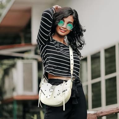 YDSIII Women's Shoulder Bag, White Shoulder Purse, White Shoulder Bag, Crescent Bag, Punk Style Studded Purse - Image 3