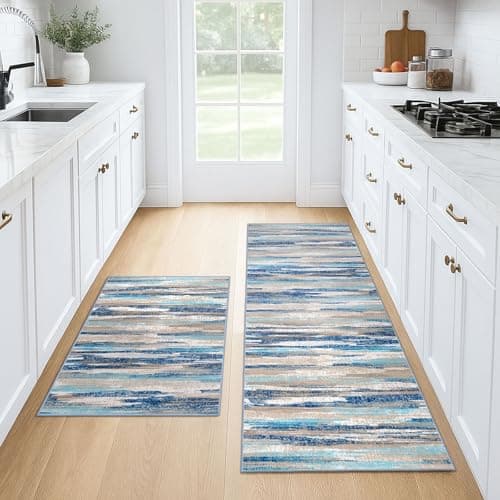 Lansny Modern Abstract Kitchen Rug Set of 2, 2x3 and 2x6 Blue Washable Rug Runner Non Slip Kitchen Mat, Soft Faux Wool Throw Carpet for Entryway, Hallway, Bedroom, Bedside, Laundry Room, Office - Image 1