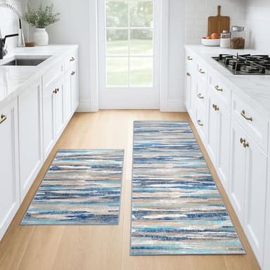 Lansny Modern Abstract Kitchen Rug Set of 2, 2x3 and 2x6 Blue Washable Rug Runner Non Slip Kitchen Mat, Soft Faux Wool Throw Carpet for Entryway, Hallway, Bedroom, Bedside, Laundry Room, Office - Image 1
