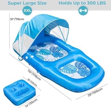 Fabric Covered Inflatable Pool Lounger Float Adult, 70"x39" Extra Large Pool Float w/ UPF50+ Sunshade Canopy & Cupholder Caddy, Water Floaties Raft Recliner Chair for Pool Party Lake Beach-Blue - Image 3