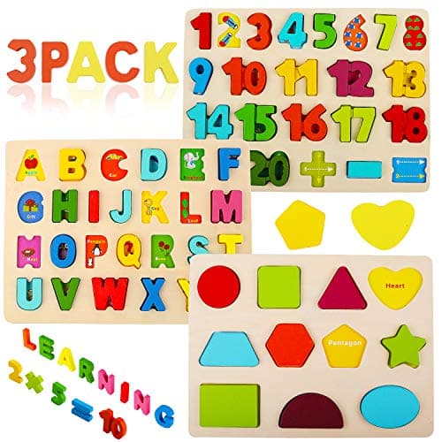 Wooden Puzzles for Toddlers, Voamuw Alphabet Number Shape Learning Puzzle for Kids Ages 3 4 5, Montessori Toys Preschool Education Chunky Jigsaw for Boys and Girls - Image 1