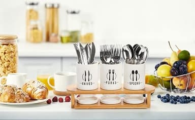 Fasmov Flatware Holder, 3 Pack Silverware Caddy with Bamboo Rack, Utensil Holder Ceramic Flatware Caddy White Ceramic Cutlery Organizer for Forks, Spoons, Knives - Image 8