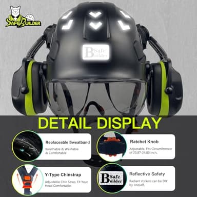 SAFEBUILDER Safety Hard Hats with Visor Hearing Protection 4 in 1 Safety Helmet Lightweight Adjustable Breathable 6-Point Suspension Head Protection ANSI Z89.1 Approved (Black+CSV+B&G 07 Ear Muffs) - Image 6