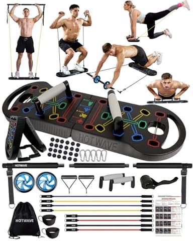 HOTWAVE Portable Exercise Equipment with 18 Gym Accessories.20 in 1 Push Up Board Fitness,Resistance Bands with Ab Roller Wheel,Full Body Workout at Home - Image 1