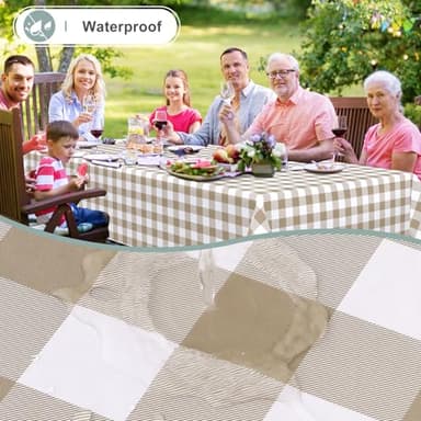 misaya Rectangle Waterproof Vinyl Table Cloth, Buffalo Flannel Backed Tablecloth, Wipeable Plastic Table Cover for Fall, Thanksgiving (52" x 70", Khaki and White) - Image 2