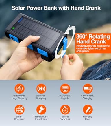 GOODaaa Power Bank Wireless Charger 45800mAh Built in Hand Crank and 4 Cables 15W Fast Charging Power Bank 7 Outputs & 4 Inputs Solar Portable Charger, SOS/Strobe/Strong Flashlights, Compass - Image 4