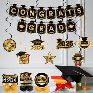 Graduation Decorations 2025 Gold Themed Set - Congrats Grad Banner, Class of 2025 Backdrop, Balloons & Streamers Kit - Complete Party Supplies for High School & College Celebrations - Image 6