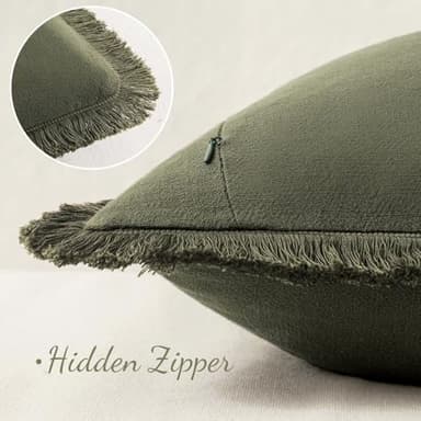 MIULEE Decorative Throw Pillow Covers Neutral Linen Fringe Throw Pillows Set of 2 Olive Green Boho Farmhouse Cushion Covers with Tassels for Couch Sofa Bed Living Room Spring Home Decor 18x18 Inch - Image 3