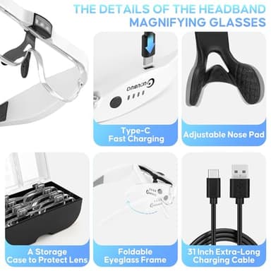 GUOUBUO Magnifying Glass with Light, 1.5X-5.0X Magnifying Glasses, Rechargeable Magnifier Headset with Light, Head Magnifier with 4 Detachable Lenses, Magnify Glasses for Close Work Crafts Jewelry - Image 6