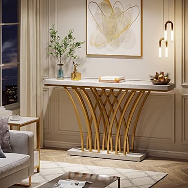 Tribesigns 59 inch Gold Console Table, Modern Entryway Table with Grid-Shaped Metal Base for Entrance, Hallway, Entryway, Living Room(White Faux Marble & Gold) - Image 3