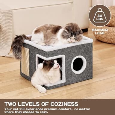 Crispedia Cat Beds for Indoor Cats, Large Cat Cave with Fluffy Ball and Scratch Pad, Foldable Cat Scratch House with Hideaway Condo for Kitten,16x16x13inch,Grey - Image 3