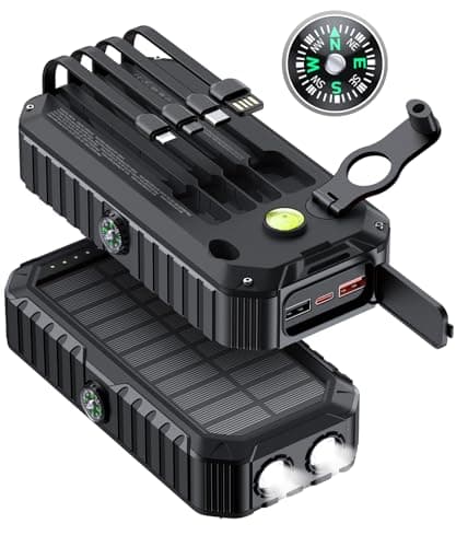 QiSa Solar Charger Power Bank 40000mAh Built in 4 Cables and Hand Crank, Portable Charger 22.5W Fast Charger 6 Outputs & 4 Inputs External Battery Pack with Bright Flashlight and Compass - Image 1