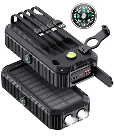 QiSa Solar Charger Power Bank 40000mAh Built in 4 Cables and Hand Crank, Portable Charger 22.5W Fast Charger 6 Outputs & 4 Inputs External Battery Pack with Bright Flashlight and Compass - Image 1