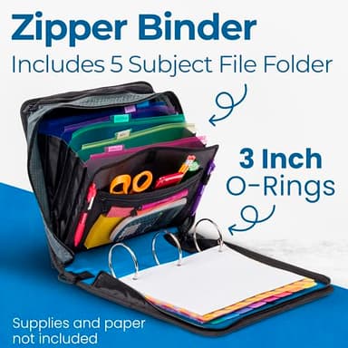 Case-it Mighty Zip Tab Zipper Binder, 3" O-Ring with 5-Color tabbes, Expanding File Folder and Shoulder Strap and Handle, D-146-Denim Blue - Image 3