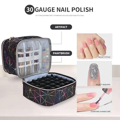 FIVEDRX Colorful PU Nail Polish Organizer Storage Bag Professional Nail Accessories Kit Holds 30 Bottle (15ml/ 0.5 fl.oz) and a Nail Lamp Case Double Layer Nail Polish Carrying Case(black) - Image 5