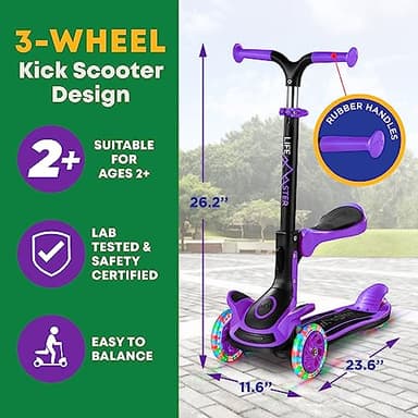 3 Wheel Scooter for Kids with Foldable Seat, Adjustable Handlebar Height, Lean-to-Steer Ride On Toy for Kids Ages 2+, Light-Up LED Wheels, Wide Anti Slip Deck, Indoor & Outdoor Use, Purple - Image 5