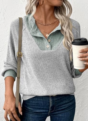 EVALESS Womens Fall Fashion 2025 Long Sleeve Shirts Patchwork Button Up V Neck Sweatshirt for Women Casual Trendy Pullover Teacher Outfits Tops Light Grey Large - Image 5