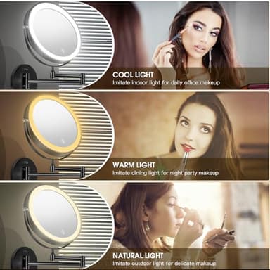 MNIENT Wall Mounted Lighted Makeup Mirror, 8" Rechargeable Double-Sided Light up Magnifying Mirror 1x/10x,3 Color Led Vanity Mirror with Lights,Touch Dimmable 360° Rotation Foldable-Black - Image 2