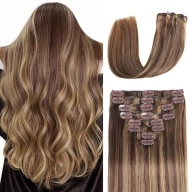 Clip in Hair Extensions Real Human Hair Clip ins 100% Human Hair Extension for Women 8pcs Per Set with 18 Clips Double Weft (22 Inch 90g #4/27 Chocolate Brown to Honey Blonde) - Image 1