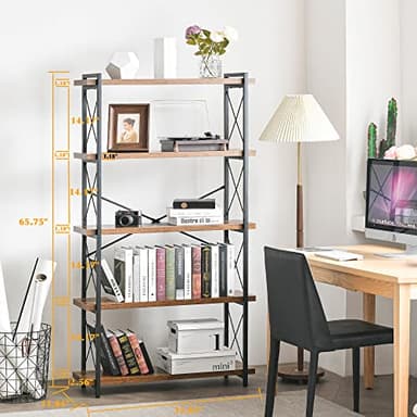 HCHQHS Bookshelf, 5-Tier Industrial Bookcase, Rustic Open Book Shelf, Freestanding Tall Bookshelves with Metal Frame - Image 3