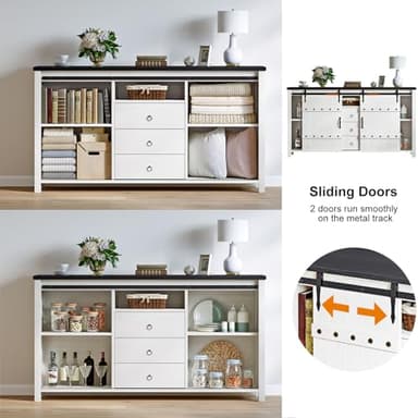 REAHOME Buffet Cabinet with Storage, 60" Sideboard Buffet Cabinet with Sliding Barn Doors & 3 Drawers, Farmhouse Wood Coffee Bar Cabinet Buffet Table for Kitchen, Dining Room,Living Room, White - Image 4