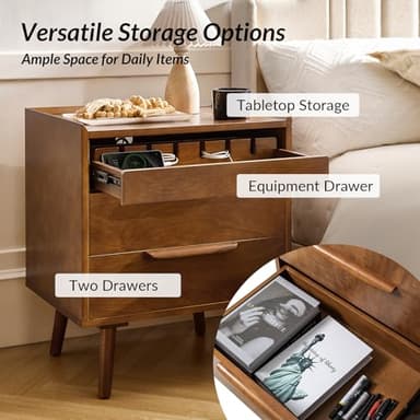 HULALA HOME Nightstand with Charging Station, Mid-Century Modern 2 Drawer and Open Shelf Bedside Tables, Wood Night Stand with USB Ports and Outlets for Bedroom, Acorn - Image 4
