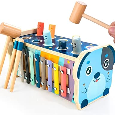 KIDWILL Montessori Pounding Toy for 1 2 Year Olds Wooden Hammering & Activity Board with Xylophone, Number Maze, Pounding Bench Educational Toddler Gift Toys Age 1-3 - Image 1