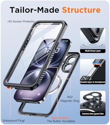 Temdan Magnetic for iPhone 16 Case Waterproof,Built-in Screen Protector[IP68 Underwater][Upgrade Military Dropproof][Compatible with MagSafe] Full Body Shockproof for Case 6.1''-Black - Image 8