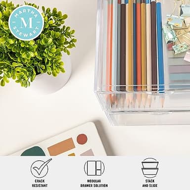 Martha Stewart Brody Desk Organizer with Drawer, Stackable Plastic Desk Storage Box, Organizer for Office, Bathroom, Countertop or Dorm, 6" x 7.5", 2 Pack, Clear - Image 4