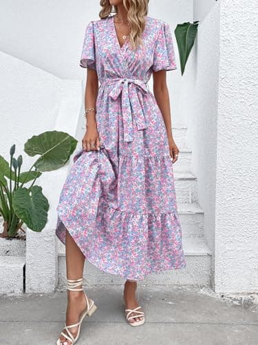MASCOMODA Womens Summer Boho Maxi Dress Floral Wrap V Neck Flutter Short Sleeve Tie Waist A Line Tiered Flowy Long Dresses(Blue and Pink,Large) - Image 6
