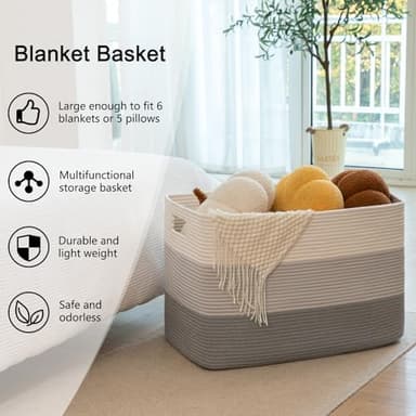 OIAHOMY 108L Super Large Blanket Basket, 25”x16”x16”(108L) Rectangle Woven Baskets for Storage, Cotton Rope Basket For Living Room, Toy Storage with Handle - Gradient Grey - Image 5