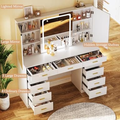 ALEXNUTRE Makeup Vanity Desk with Lights, 47.2" Vanities Desk with 11 Storage Drawers and Hidden Storage Shelves, White Vanity with 3 LED Lighting Modes Adjustable & Charging Stations, for Bedroom - Image 5