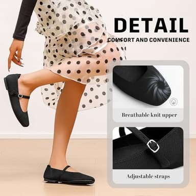 NIEARDAN Women's Ballet Flats Square Toe Slip On Shoes Knit Dress Mary Jane Flats Woman Comfy Soft Causal Work Walking,Size 8.5，Black - Image 2