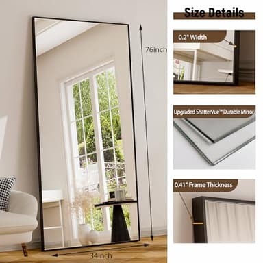 GLSLAND 76"x34" Full Length Mirror Extra Large Hanging or Leaning Rectangle Mirror Aluminum Alloy Thin Frame Bedroom Floor Dressing,Black - Image 5