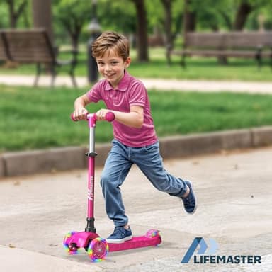 Lifemaster Kids Scooter – Children and Toddler 3 Wheel Kick Scooter – LED Wheel Lights Illuminate When Rolling– Adjustable Handlebar – Indoor and Outdoor Pink - Image 3