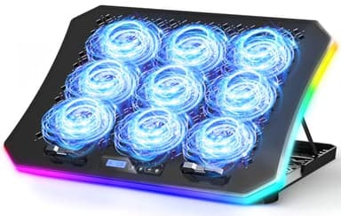 KeiBn Upgraded Gaming Laptop Cooler Pad with 9 Quiet RGB Fans, Cooling Pad for 15.6-17.3 Inch Laptops with 7 Height Stands, 2 USB Ports, Phone Stand-Blue - Image 1