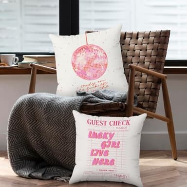 Yomisex Funky Trendy Retro Y2K Disco Ball Lucky Girl Pillow Covers 18x18, Preppy Room Dorm Decor, Trendy Y2K Room Decor, Cute Girly Pillow Covers, Girly Room Decor Aesthetic, Pink Room Decor, Set of 2 - Image 3