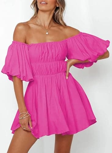 Dokotoo Women One Shoulder Dresses Fashion 2023 Lantern Sleeve Hot Pink Pirate Dress Ruffle Elastic Waist A-Line Spring Dresses for Wedding Guest X-Large - Image 5