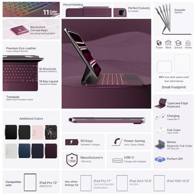 typecase Keyboard Case for iPad Pro 13-inch (M4) 2024,Magic Keyboard with 11 Colors Backlight for iPad Pro 13,Keyboard Case with Pencil Holder,Multi-Touch Trackpad,Easy-Set Magnetic Stand(Raspberry) - Image 6