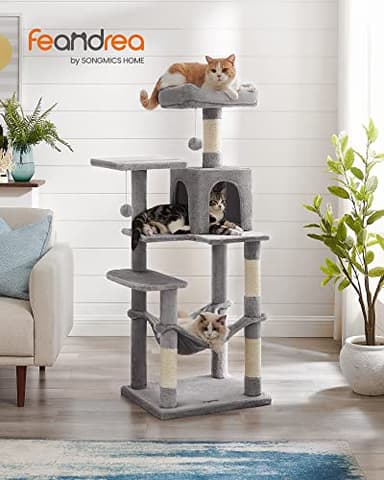 Feandrea Cat Tree, 56.3-Inch Cat Tower for Indoor Cats, Multi-Level Cat Condo with 4 Scratching Posts, 2 Perches, Hammock, Cave, Light Gray UPCT161W01 - Image 2