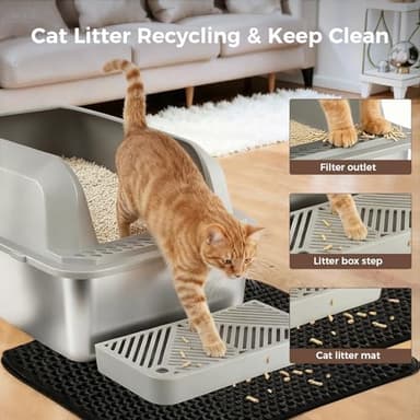 GTPLAYER Stainless Steel Litter Box, Metal XL Extra Large Litter Boxes with Lid High Sided for Big Cats and Kittens, Leak-Proof, Non-Sticky, Include Cat Step Pedal, Cat Mat and Litter Scoop - Image 3